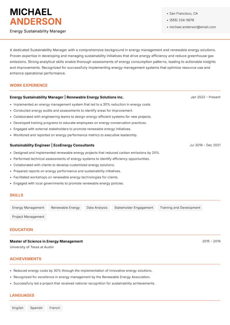 Sustainability Manager resume sample — Energy Sustainability Manager focus