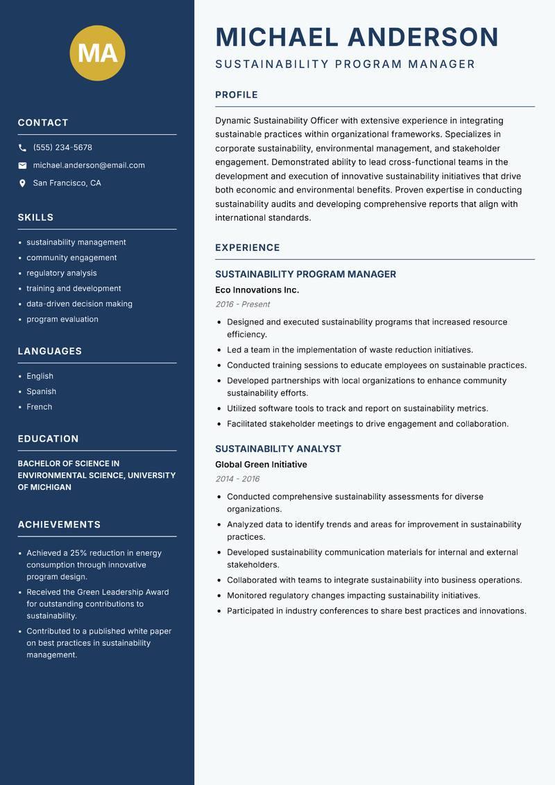 Sustainability Officer resume sample — Sustainability Program Manager focus