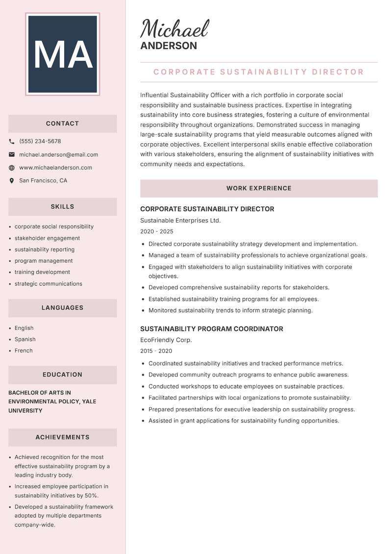 Sustainability Officer resume sample — Corporate Sustainability Director focus