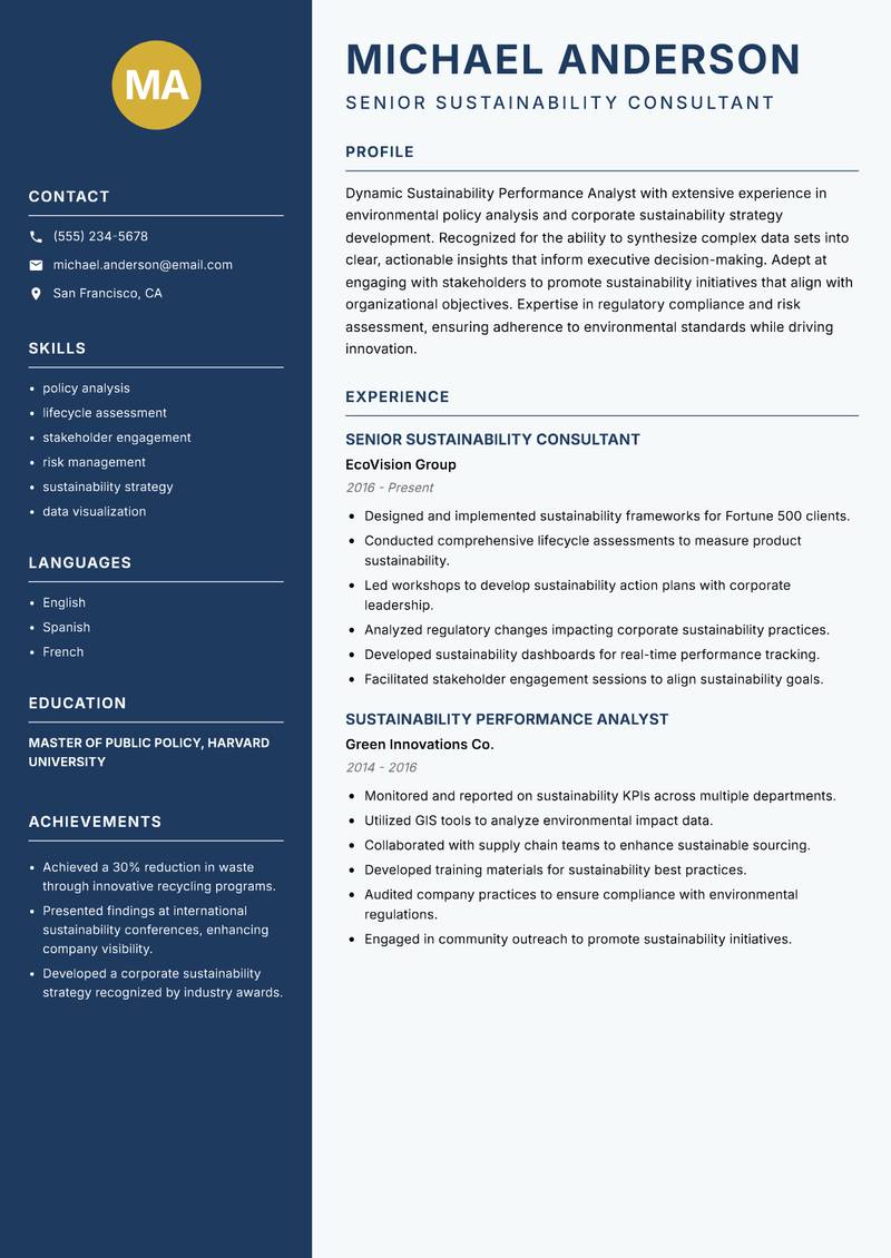 Sustainability Performance Analyst resume sample — Senior Sustainability Consultant focus
