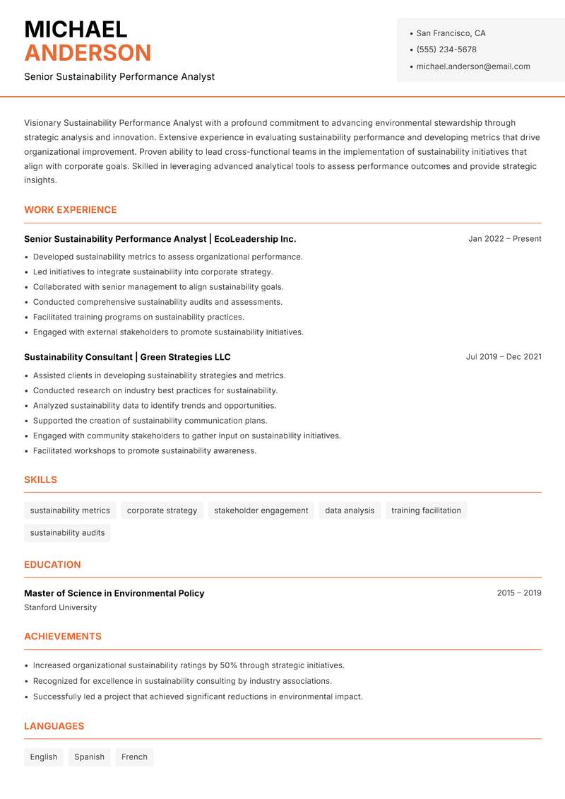Sustainability Performance Analyst resume sample — Senior Sustainability Performance Analyst focus