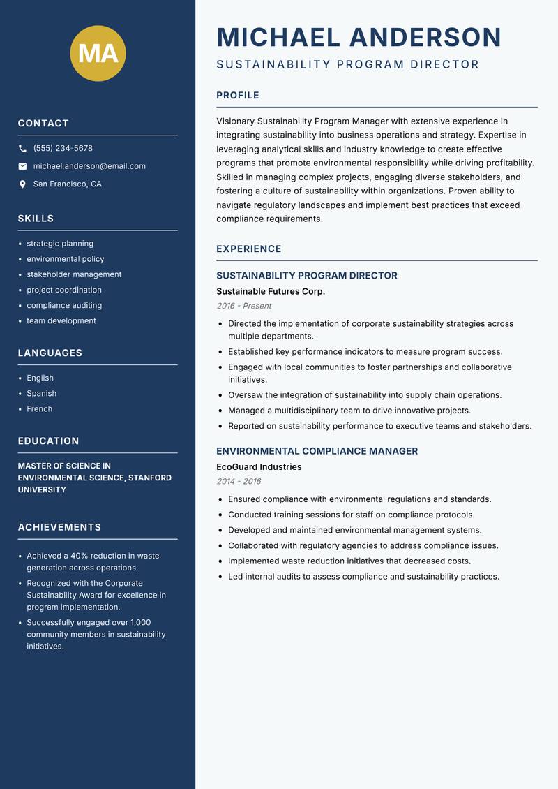 Sustainability Program Manager resume sample — Sustainability Program Director focus