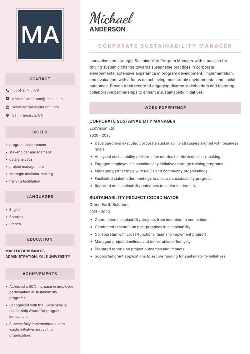 Sustainability Program Manager resume sample — Corporate Sustainability Manager focus