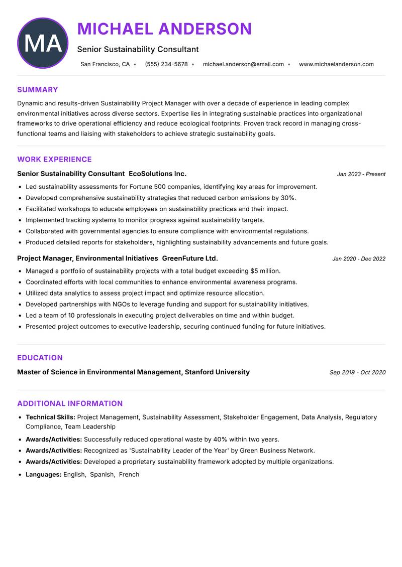 Sustainability Project Manager resume example