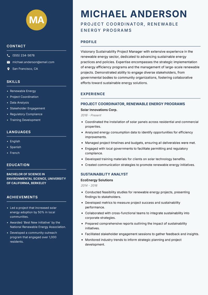 Sustainability Project Manager resume sample — Project Coordinator, Renewable Energy Programs focus