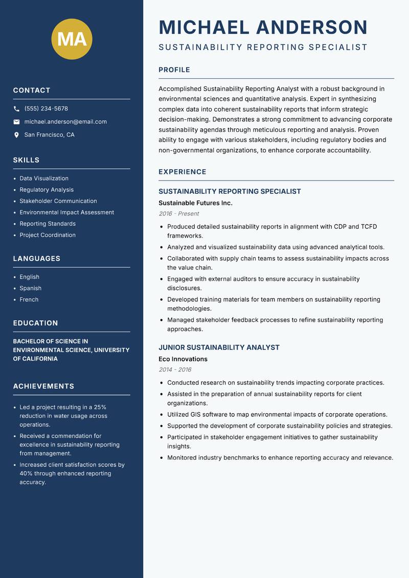 Sustainability Reporting Analyst resume sample — Sustainability Reporting Specialist focus