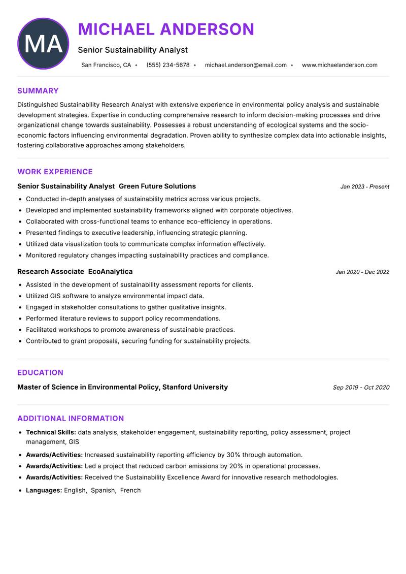 Sustainability Research Analyst resume example