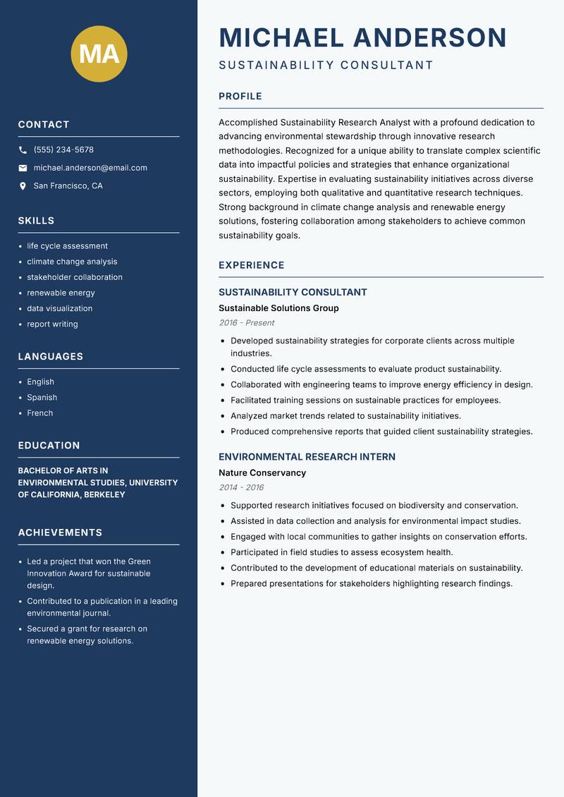 Sustainability Research Analyst resume sample — Sustainability Consultant focus