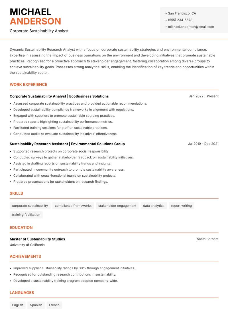 Sustainability Research Analyst resume sample — Corporate Sustainability Analyst focus