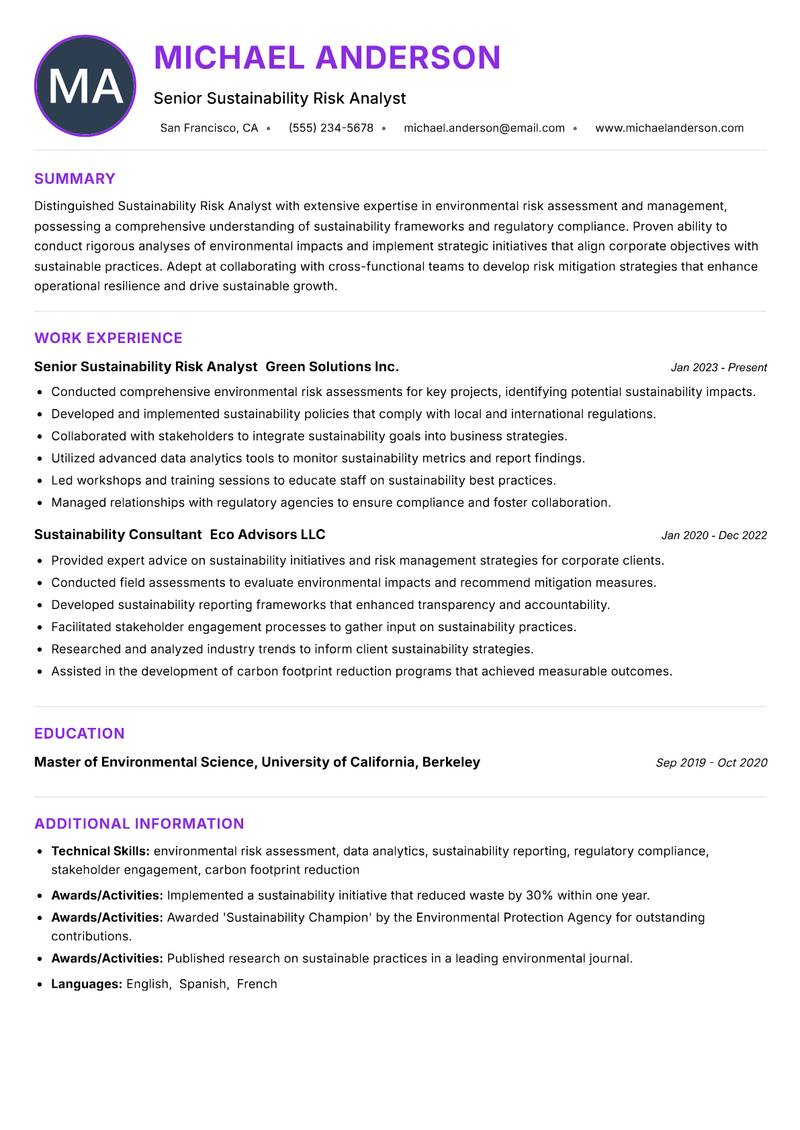 Sustainability Risk Analyst resume example