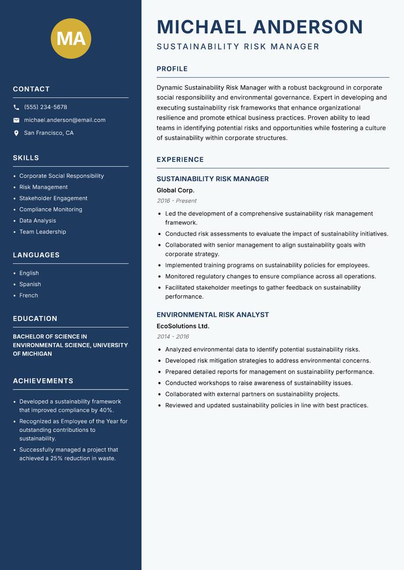 Sustainability Risk Manager resume sample — Sustainability Risk Manager focus