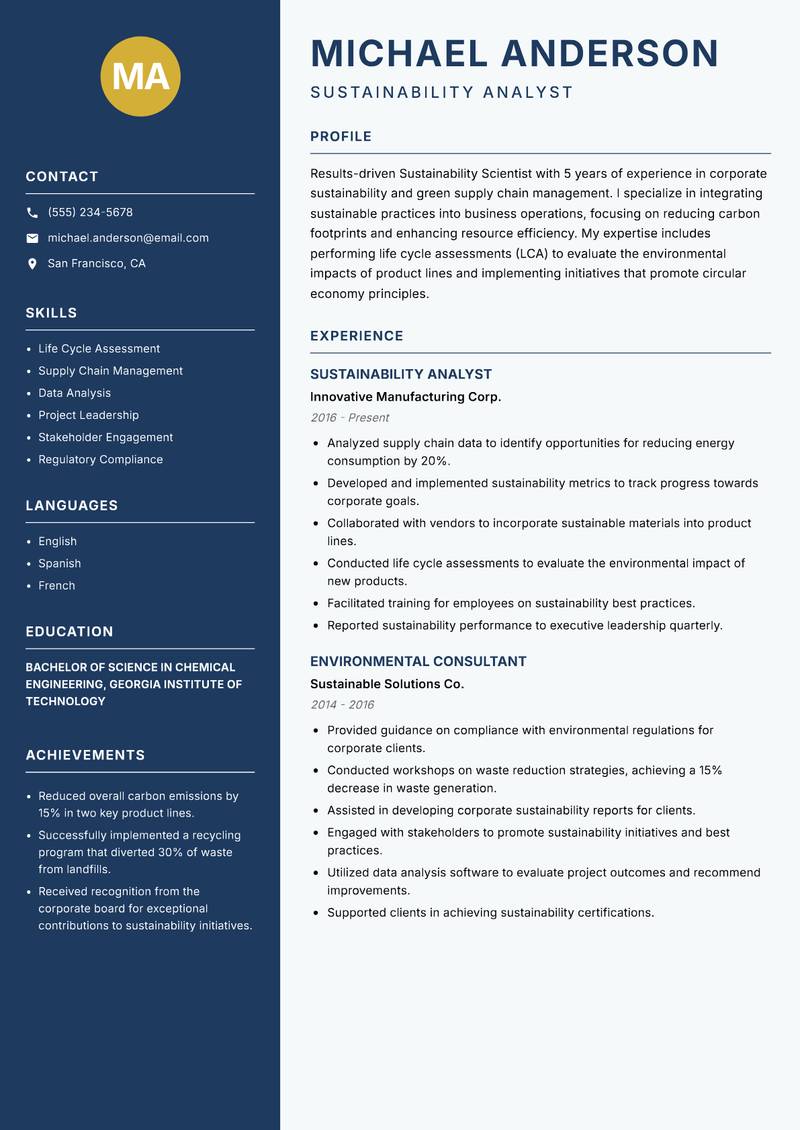 Sustainability Scientist resume sample — Sustainability Analyst focus