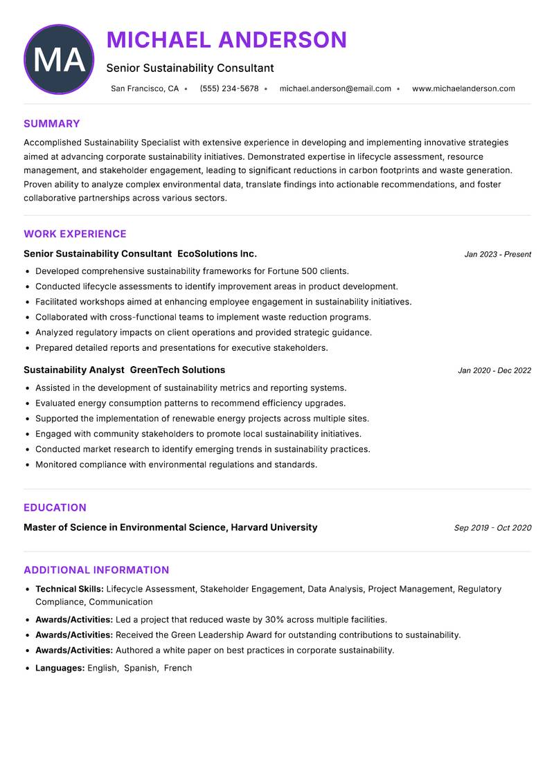 Sustainability Specialist resume example