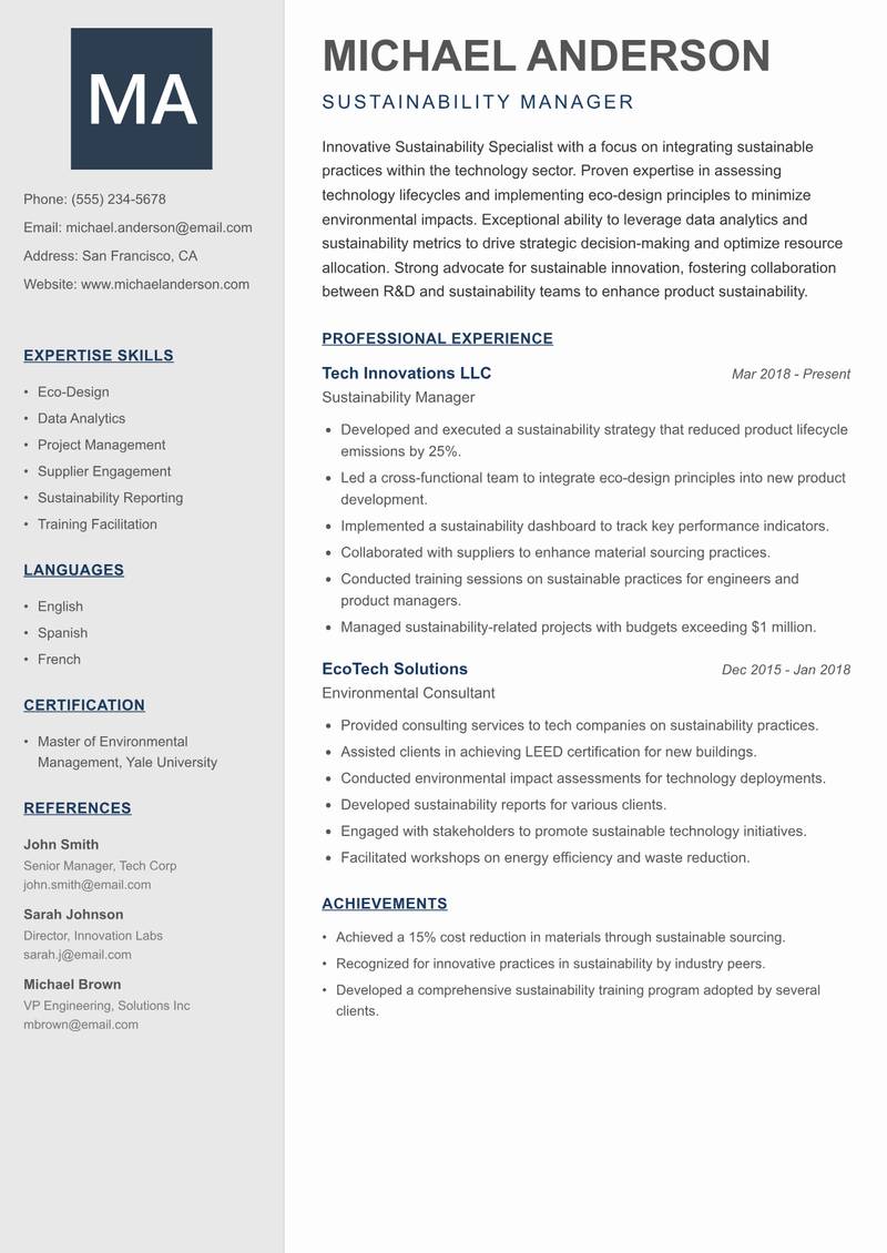 Sustainability Specialist resume sample — Sustainability Manager focus