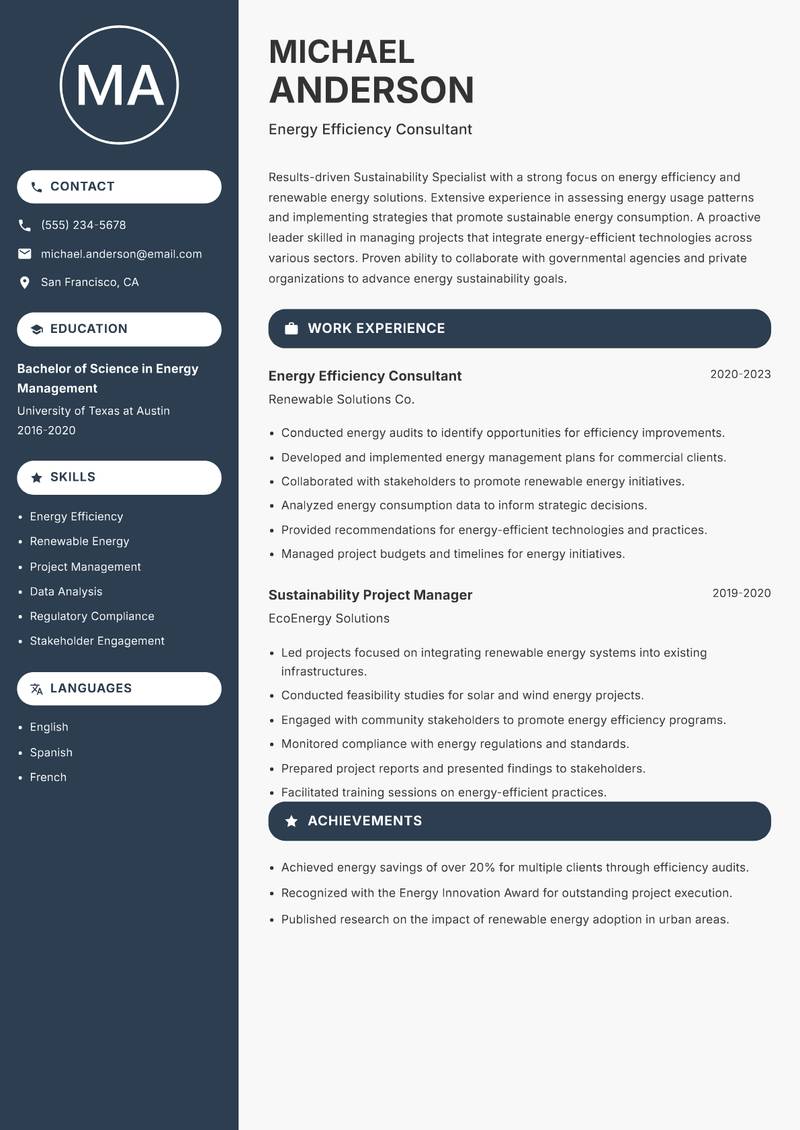 Sustainability Specialist resume sample — Energy Efficiency Consultant focus