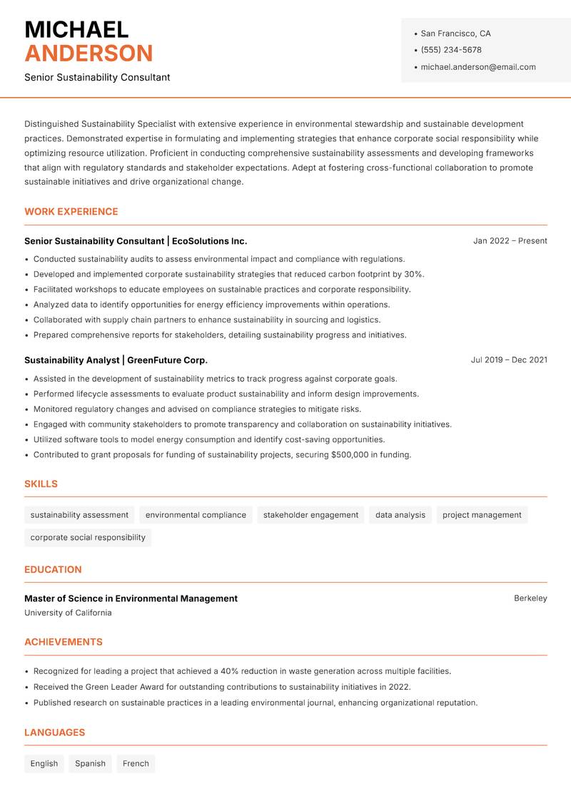 Sustainability Specialist resume sample — Senior Sustainability Consultant focus