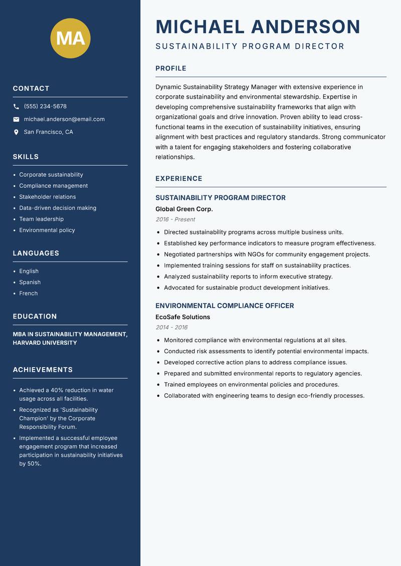 Sustainability Strategy Manager resume sample — Sustainability Program Director focus