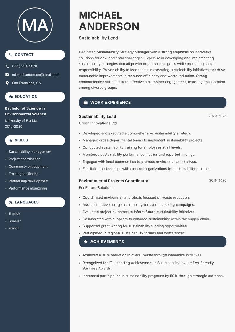 Sustainability Strategy Manager resume sample — Sustainability Lead focus