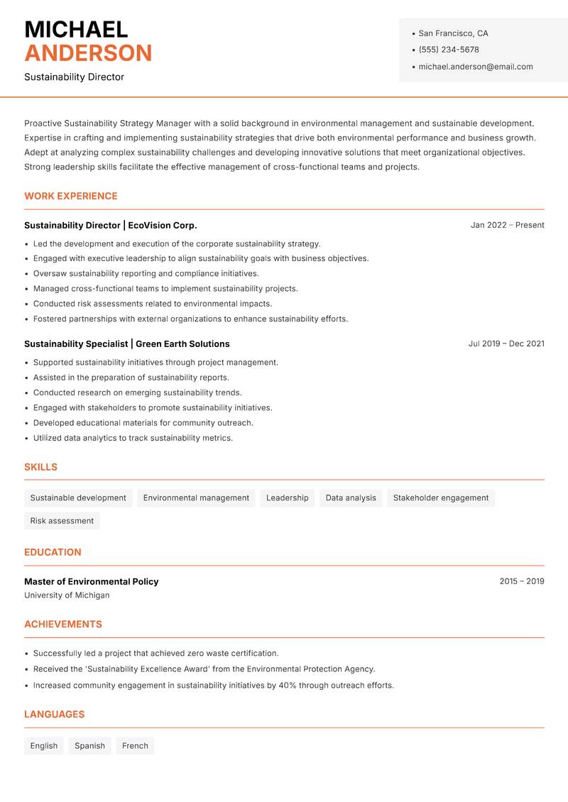 Sustainability Strategy Manager resume sample — Sustainability Director focus