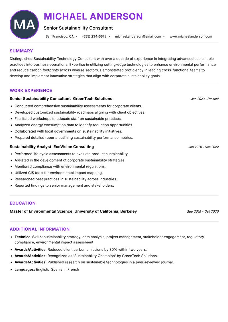 Sustainability Technology Consultant resume example