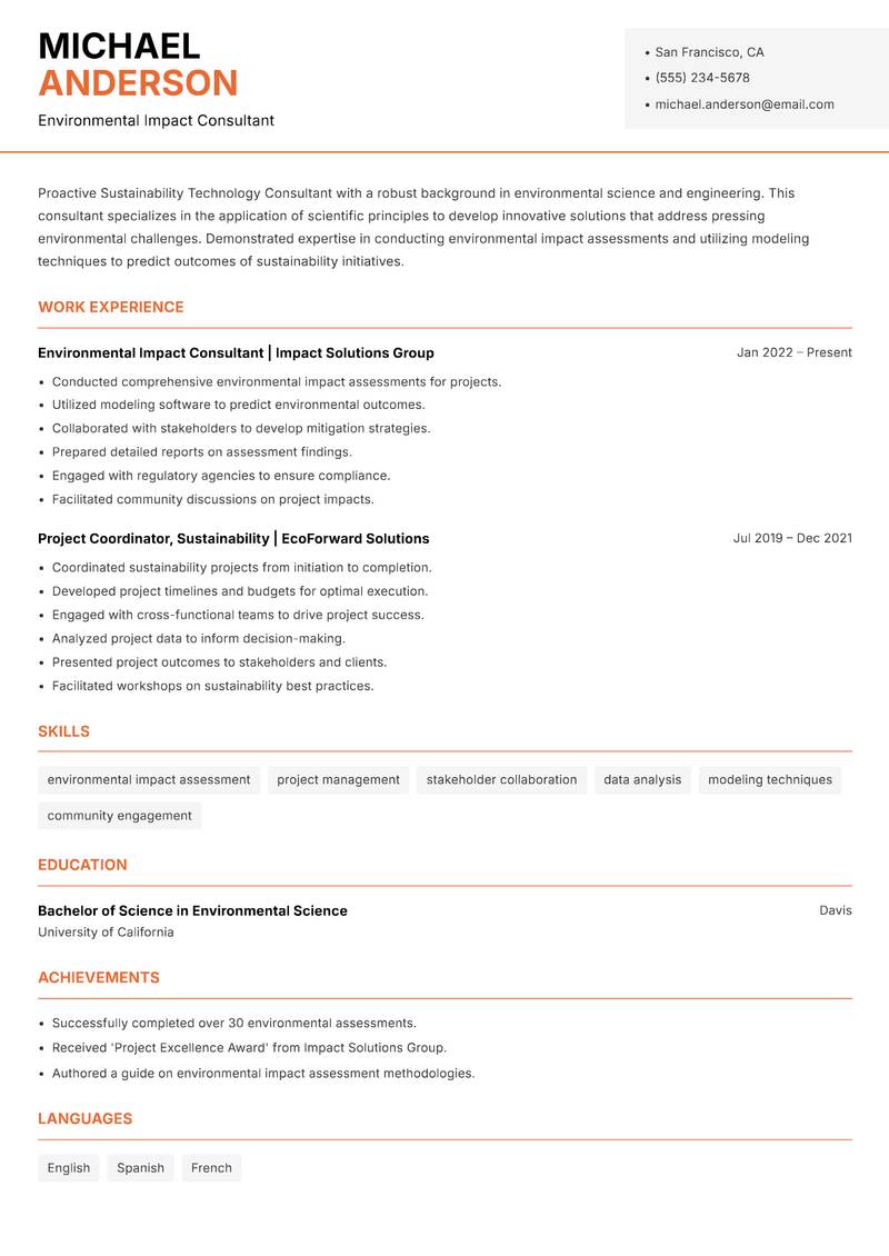 Sustainability Technology Consultant resume sample — Environmental Impact Consultant focus