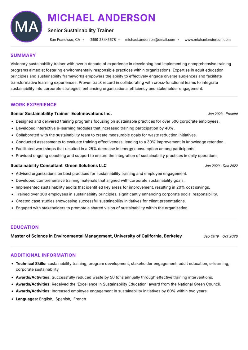 Sustainability Trainer resume example