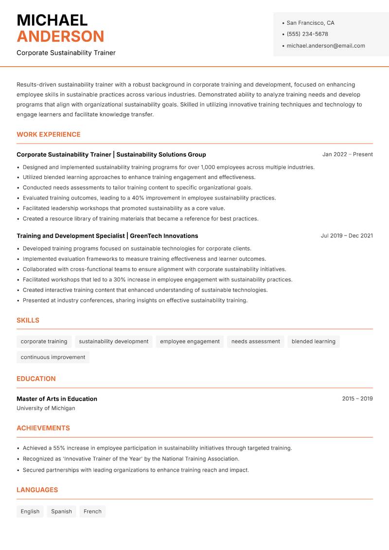 Sustainability Trainer resume sample — Corporate Sustainability Trainer focus