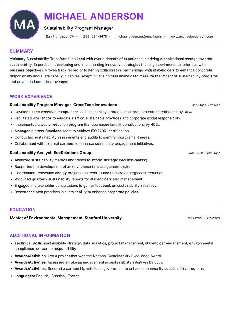 Sustainability Transformation Lead resume example