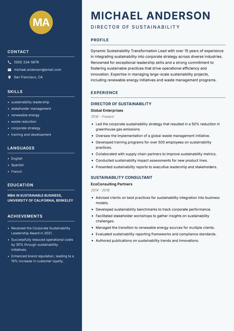 Sustainability Transformation Lead resume sample — Director of Sustainability focus
