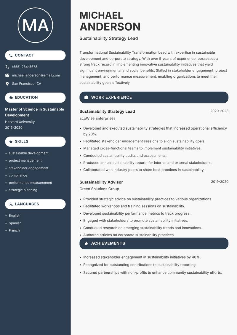 Sustainability Transformation Lead resume sample — Sustainability Strategy Lead focus