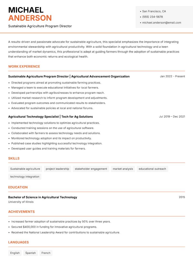 Sustainable Agriculture Extension Specialist resume sample — Sustainable Agriculture Program Director focus