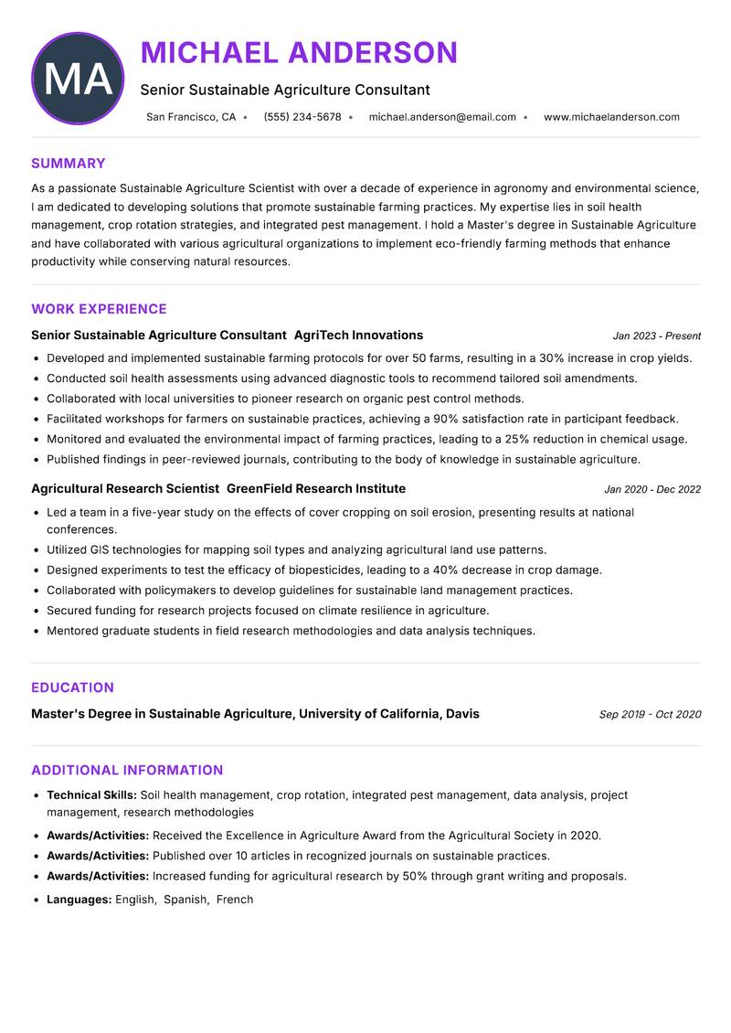Sustainable Agriculture Scientist resume example
