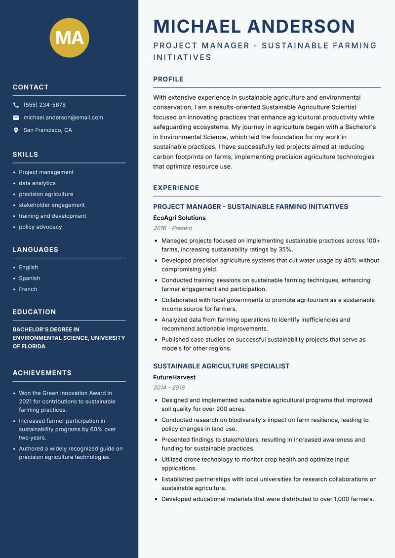 Sustainable Agriculture Scientist resume sample — Project Manager - Sustainable Farming Initiatives focus