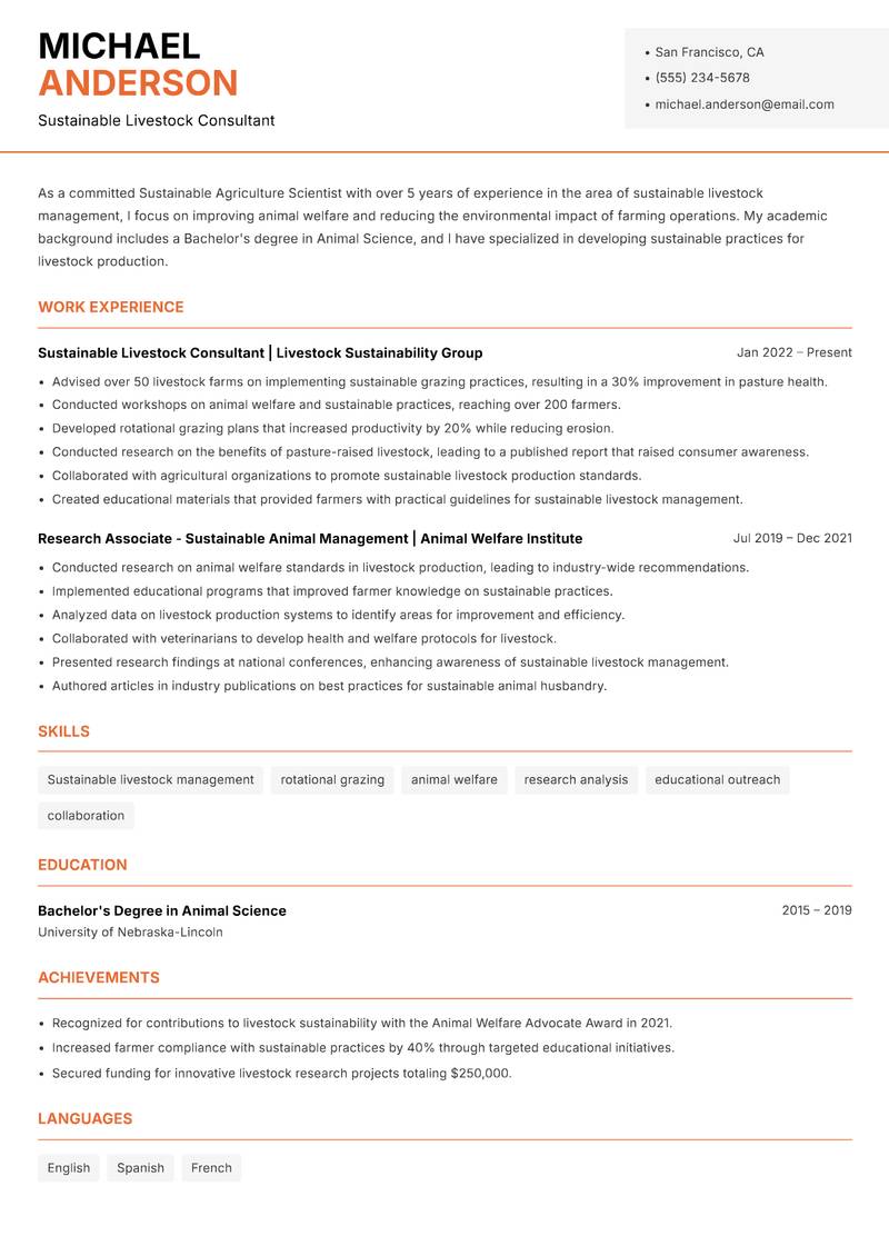 Sustainable Agriculture Scientist resume sample — Sustainable Livestock Consultant focus