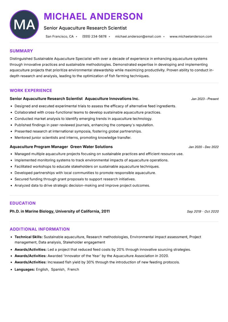 Sustainable Aquaculture Specialist resume example