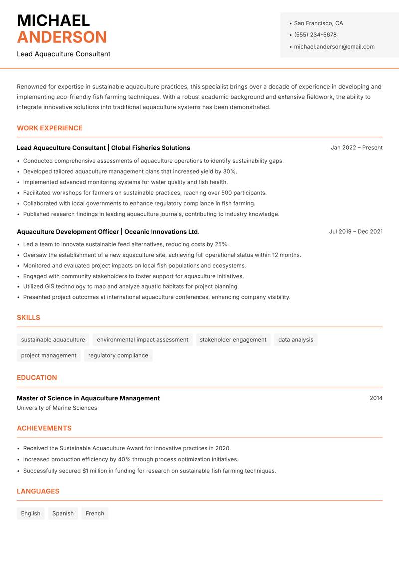 Sustainable Aquaculture Specialist resume sample — Lead Aquaculture Consultant focus