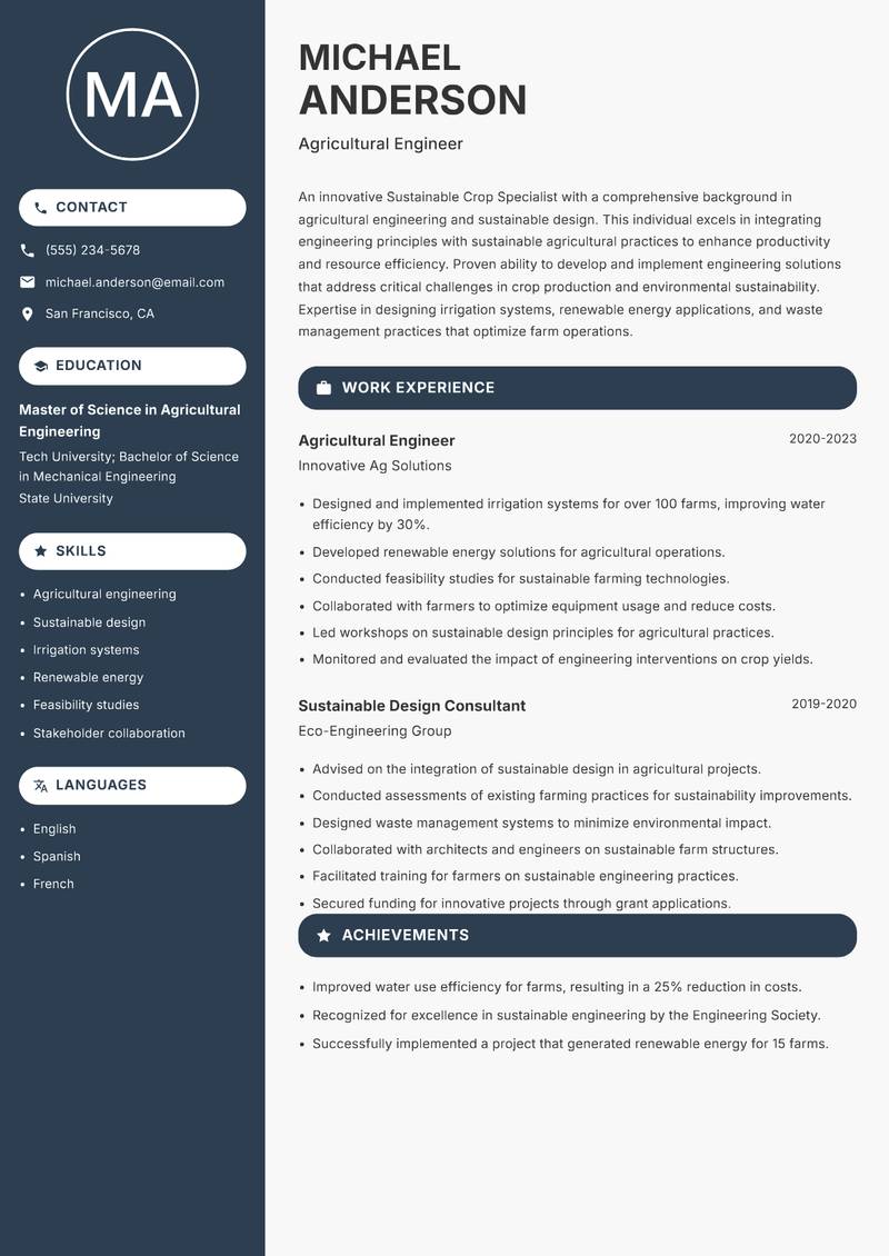 Sustainable Crop Specialist resume sample — Agricultural Engineer focus