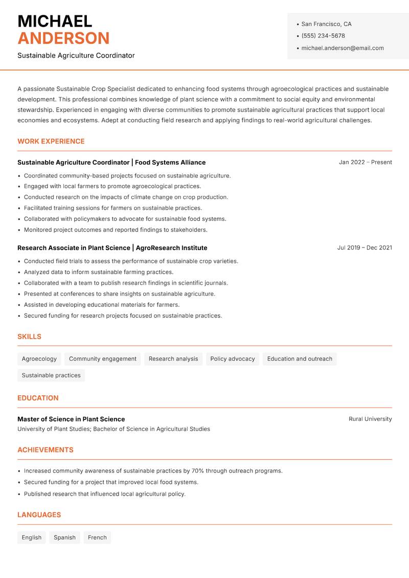 Sustainable Crop Specialist resume sample — Sustainable Agriculture Coordinator focus