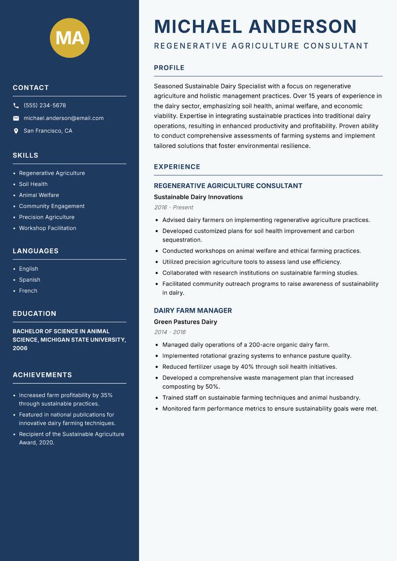 Sustainable Dairy Specialist resume sample — Regenerative Agriculture Consultant focus