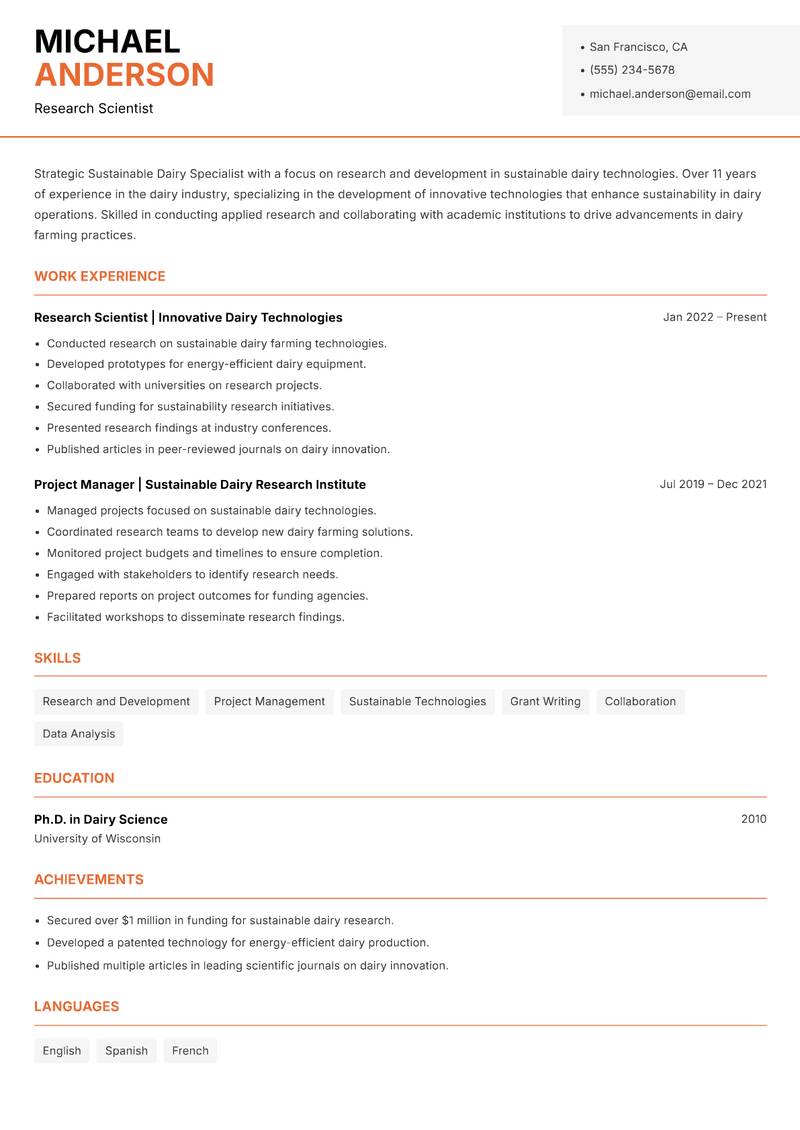 Sustainable Dairy Specialist resume sample — Research Scientist focus