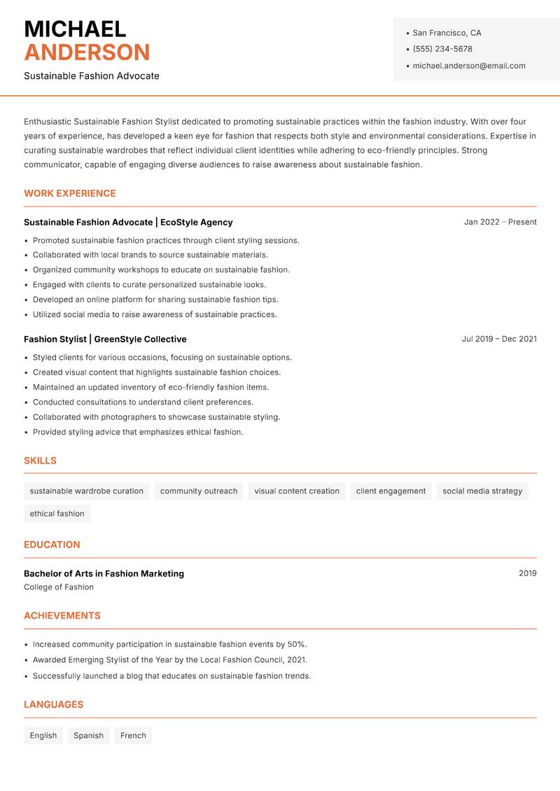 Sustainable Fashion Stylist resume sample — Sustainable Fashion Advocate focus