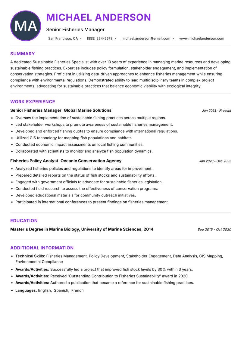 Sustainable Fisheries Specialist resume example