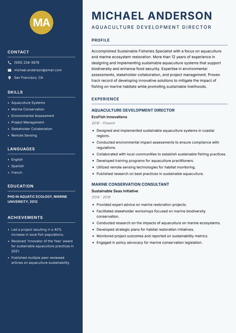 Sustainable Fisheries Specialist resume sample — Aquaculture Development Director focus
