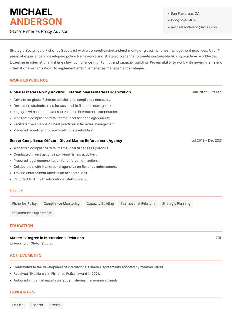 Sustainable Fisheries Specialist resume sample — Global Fisheries Policy Advisor focus