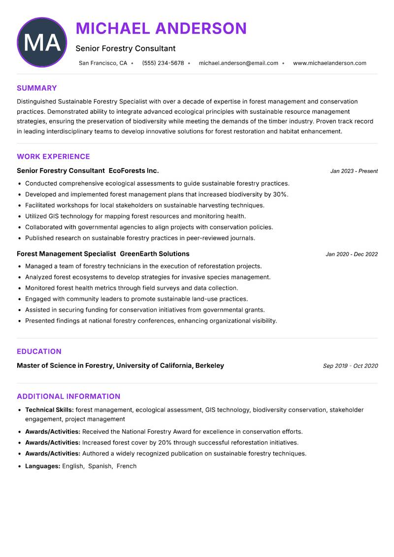 Sustainable Forestry Specialist resume example