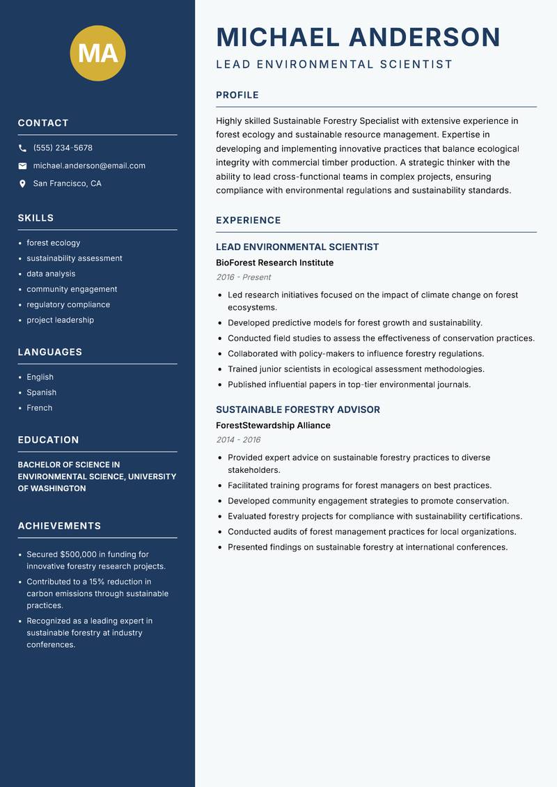 Sustainable Forestry Specialist resume sample — Lead Environmental Scientist focus