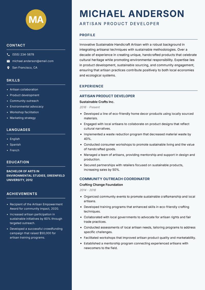 Sustainable Handicraft Artisan resume sample — Artisan Product Developer focus