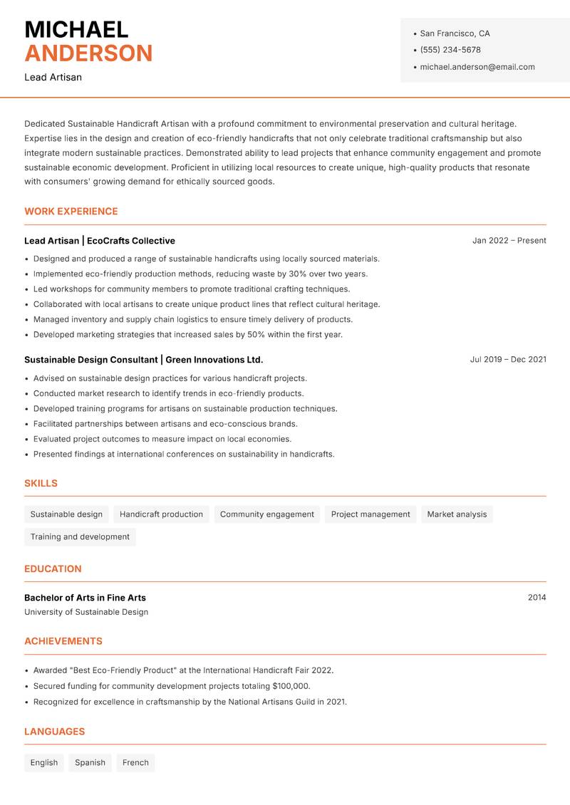 Sustainable Handicraft Artisan resume sample — Lead Artisan focus