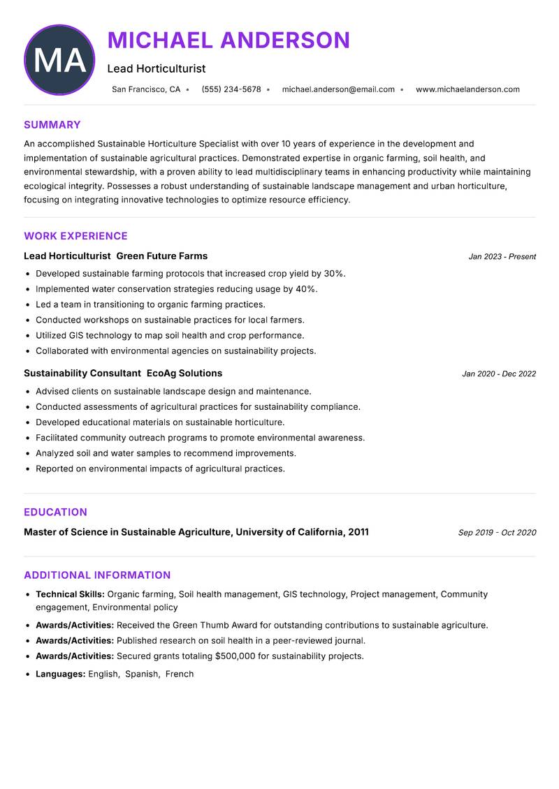 Sustainable Horticulture Specialist resume example
