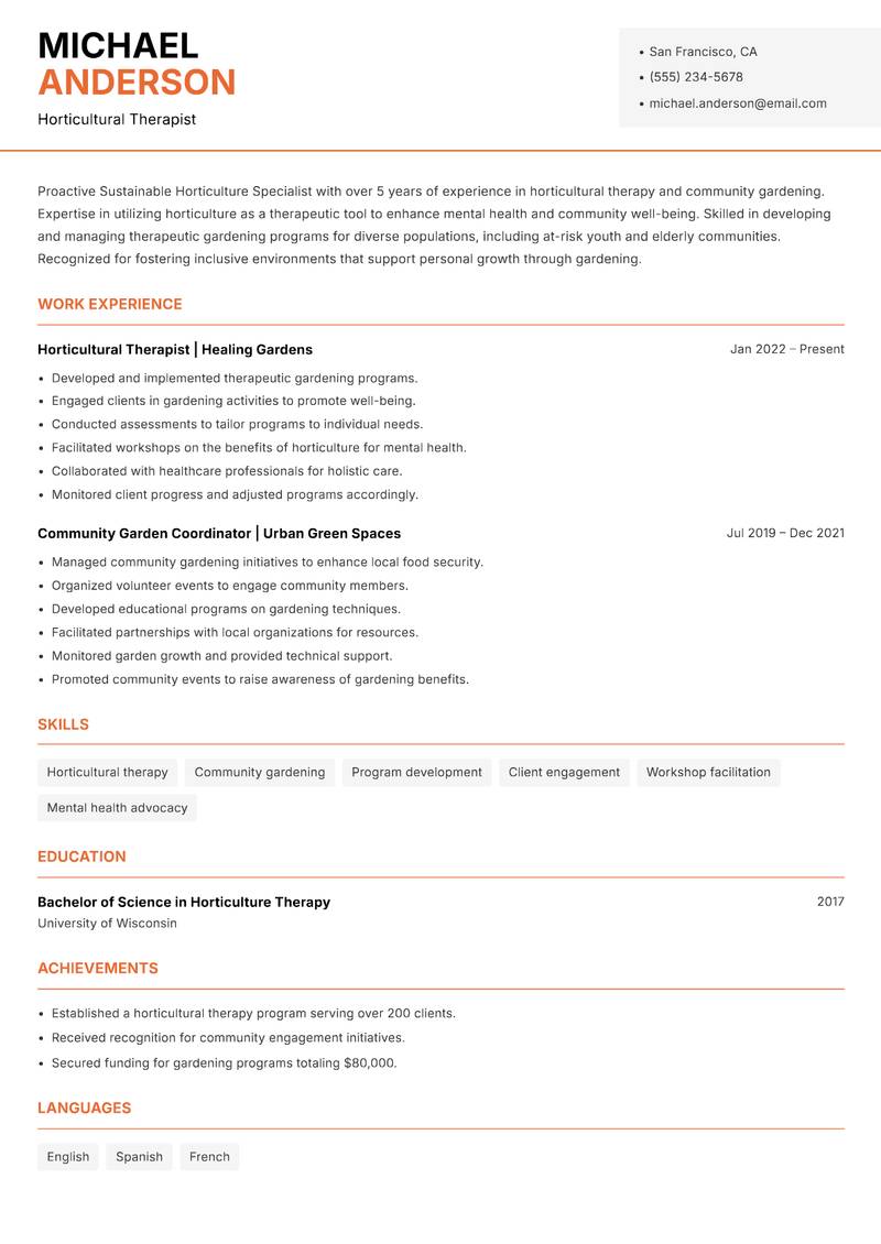 Sustainable Horticulture Specialist resume sample — Horticultural Therapist focus